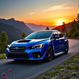 A striking, high-performance Subaru WRX sports car parked on a scenic winding mountain road