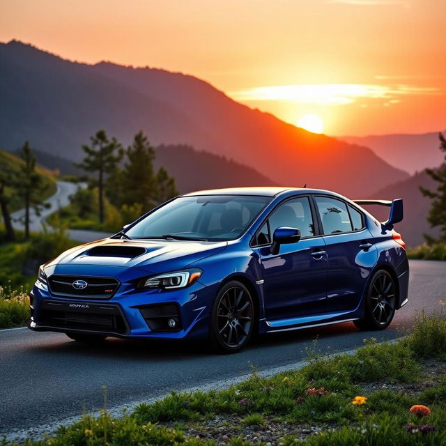 A striking, high-performance Subaru WRX sports car parked on a scenic winding mountain road
