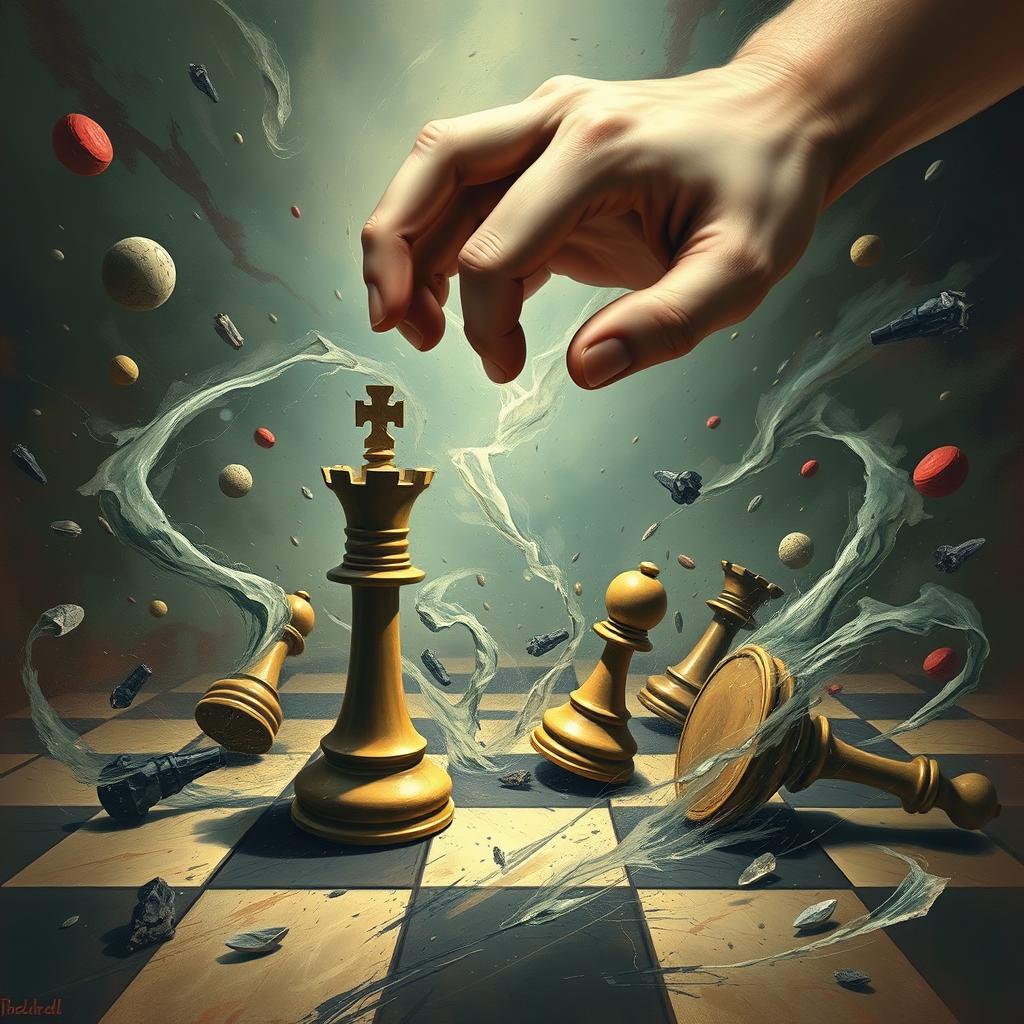 A very chaotic and dynamic scene featuring a King of chess and a pawn, both being controlled by a powerful, omnipotent hand
