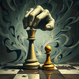 A very chaotic and dynamic scene featuring a King of chess and a pawn, both being controlled by a powerful, omnipotent hand