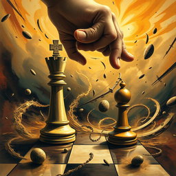 A very chaotic and dynamic scene featuring a King of chess and a pawn, both being controlled by a powerful, omnipotent hand