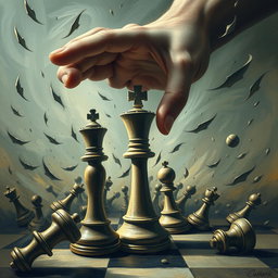 A very chaotic and dynamic scene featuring a King of chess and a pawn, both being controlled by a powerful, omnipotent hand