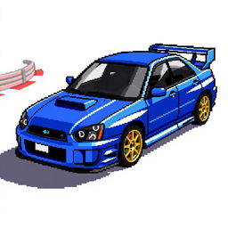 A detailed pixel art representation of a 2004 Subaru WRX STI, showcasing its sporty body lines, aggressive front grille, large rear spoiler, and iconic blue color