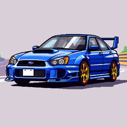A detailed pixel art representation of a 2004 Subaru WRX STI, showcasing its sporty body lines, aggressive front grille, large rear spoiler, and iconic blue color