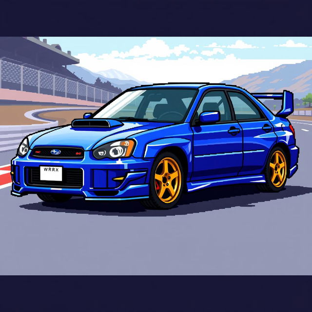A detailed pixel art representation of a 2004 Subaru WRX STI, showcasing its sporty body lines, aggressive front grille, large rear spoiler, and iconic blue color