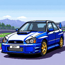 A detailed pixel art representation of a 2004 Subaru WRX STI, showcasing its sporty body lines, aggressive front grille, large rear spoiler, and iconic blue color