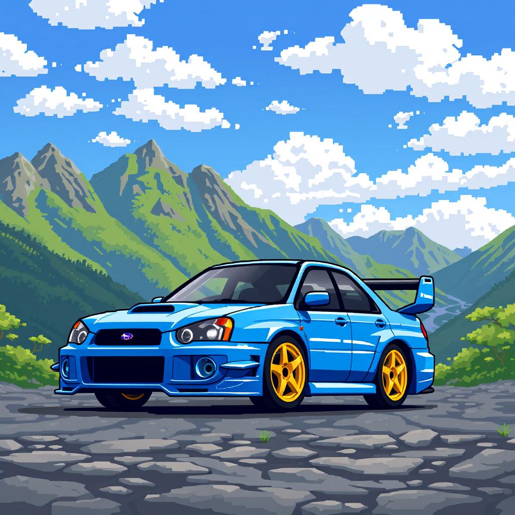 A pixel art representation of a 2004 Subaru WRX STI, positioned prominently against a majestic backdrop of mountains
