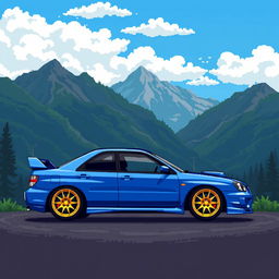 A pixel art representation of a 2004 Subaru WRX STI, positioned prominently against a majestic backdrop of mountains