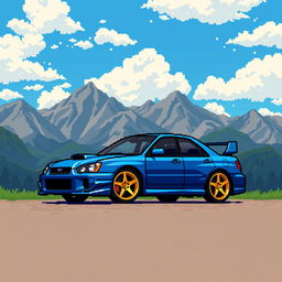 A pixel art representation of a 2004 Subaru WRX STI, positioned prominently against a majestic backdrop of mountains