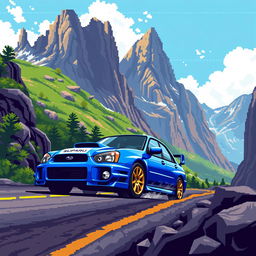 A pixel art scene of a 2004 Subaru WRX STI driving through mountainous terrain