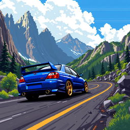 A pixel art scene of a 2004 Subaru WRX STI driving through mountainous terrain