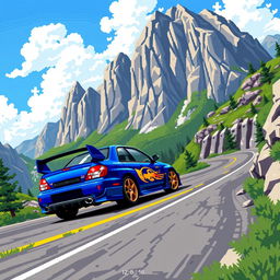 A pixel art scene of a 2004 Subaru WRX STI driving through mountainous terrain