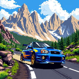 A pixel art scene of a 2004 Subaru WRX STI driving through mountainous terrain