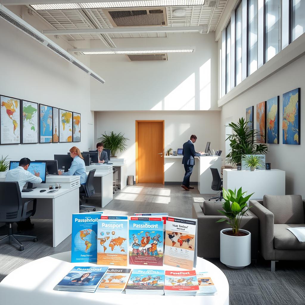 A modern office interior dedicated to passport services, featuring sleek desks with computers, a waiting area with comfortable seating, and decorative plants