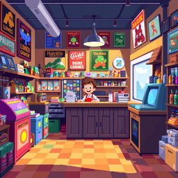 A vibrant pixel art scene depicting a lively shop interior filled with various colorful items for sale, such as retro video games, pixel art toys, and vintage collectibles