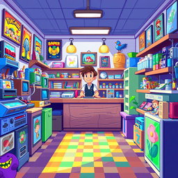 A vibrant pixel art scene depicting a lively shop interior filled with various colorful items for sale, such as retro video games, pixel art toys, and vintage collectibles