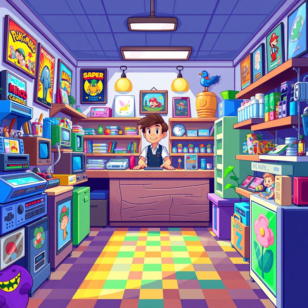 A vibrant pixel art scene depicting a lively shop interior filled with various colorful items for sale, such as retro video games, pixel art toys, and vintage collectibles