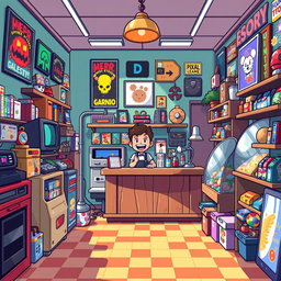 A vibrant pixel art scene depicting a lively shop interior filled with various colorful items for sale, such as retro video games, pixel art toys, and vintage collectibles