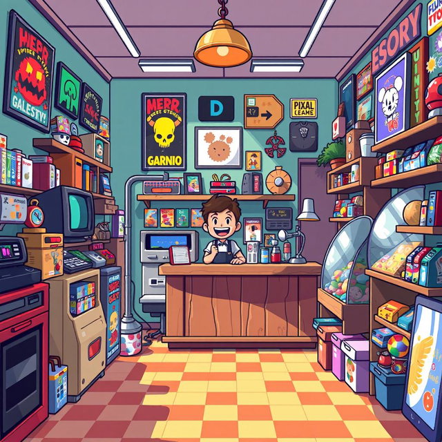 A vibrant pixel art scene depicting a lively shop interior filled with various colorful items for sale, such as retro video games, pixel art toys, and vintage collectibles