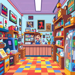 A vibrant pixel art scene depicting a lively shop interior filled with various colorful items for sale, such as retro video games, pixel art toys, and vintage collectibles