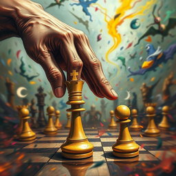 A chaotic and dynamic scene depicting a powerful hand controlling two chess pieces: a majestic king and a simple pawn