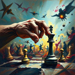 A chaotic and dynamic scene depicting a powerful hand controlling two chess pieces: a majestic king and a simple pawn