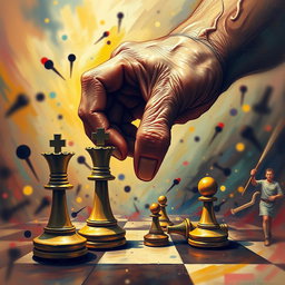 A chaotic and dynamic scene depicting a powerful hand controlling two chess pieces: a majestic king and a simple pawn