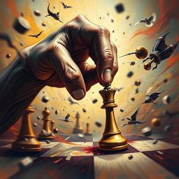 A chaotic and dynamic scene depicting a powerful hand controlling two chess pieces: a majestic king and a simple pawn