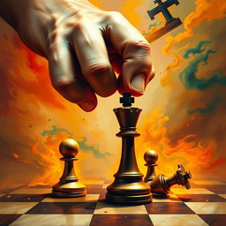A chaotic and dynamic scene showing a powerful hand dramatically controlling two chess pieces: a regal king and a humble pawn