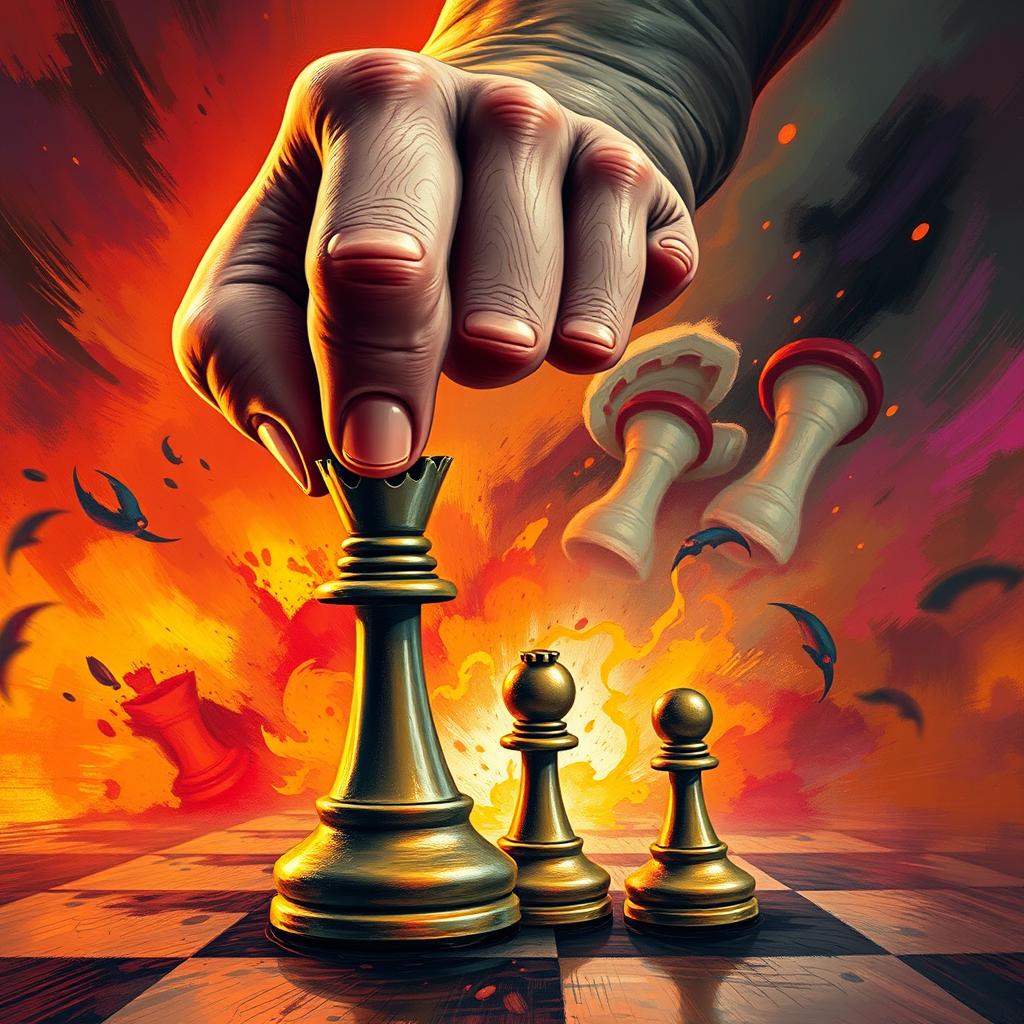 A chaotic and dynamic scene showing a powerful hand dramatically controlling two chess pieces: a regal king and a humble pawn