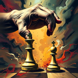 A chaotic and dynamic scene showing a powerful hand dramatically controlling two chess pieces: a regal king and a humble pawn