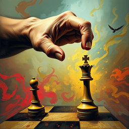 A chaotic and dynamic scene showing a powerful hand dramatically controlling two chess pieces: a regal king and a humble pawn