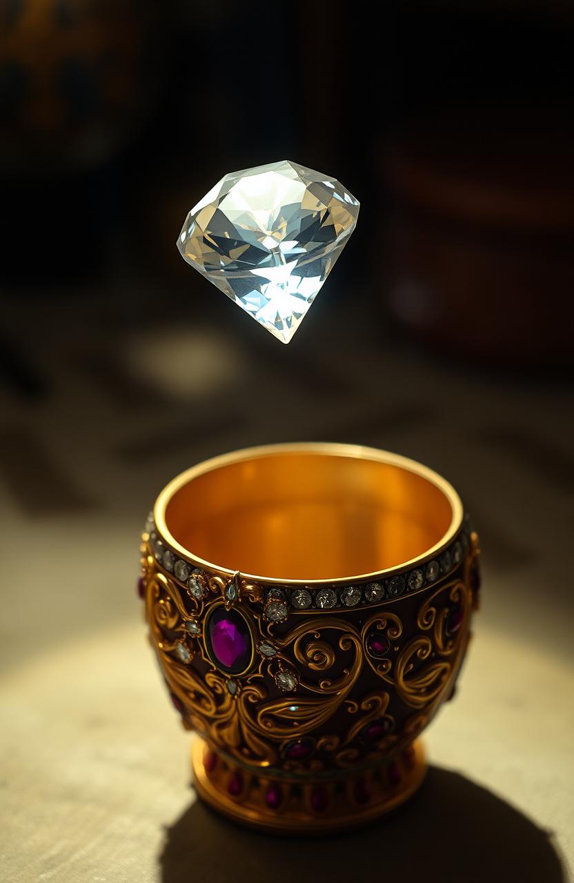 In a captivating mystery novel setting, a shimmering diamond floats gracefully above a luxurious Russian Fabergé egg made of gold, adorned with sparkling diamonds and fiery rubies