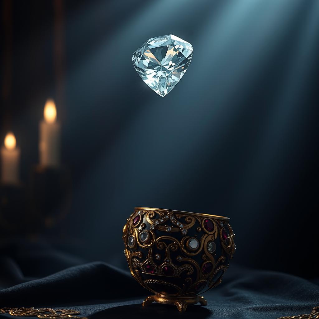 In a mysterious novel atmosphere, a dazzling diamond floats majestically above a Fabergé egg crafted from gold, studded with shimmering diamonds and radiant rubies