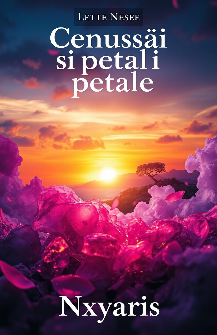 A symbolic book cover for the title "Cenuşă şi petale" featuring a dreamy, mystical island setting called Nxyaris