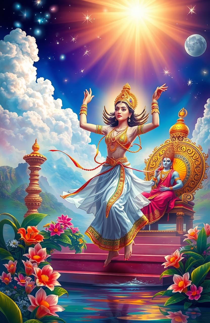 A celestial upsara dancer gracefully performing in a paradise setting before the god Indra