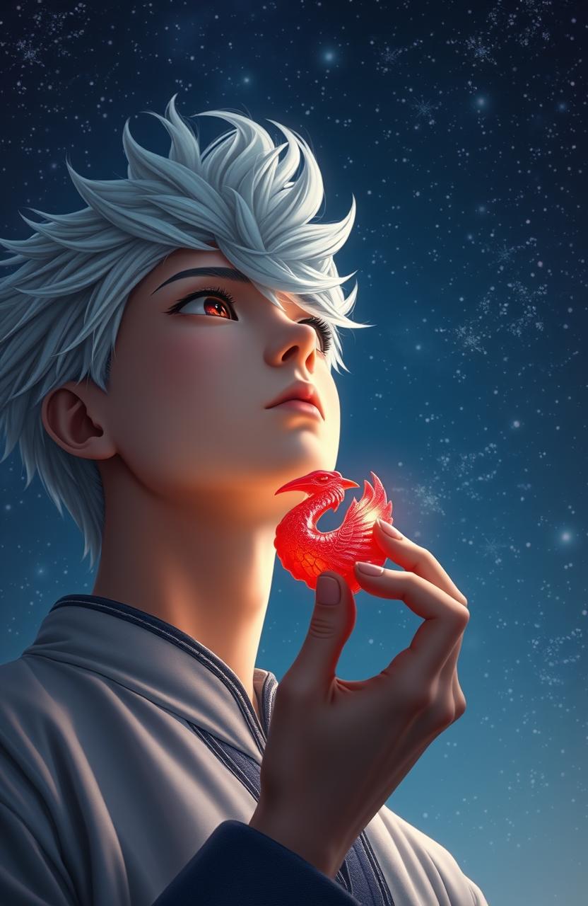 A young man with striking white hair and deep scarlet eyes gazes up at a starry night sky
