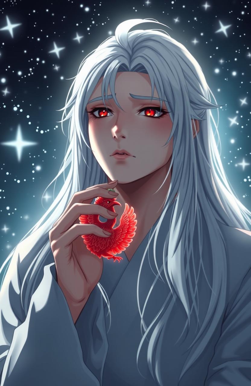 A young man with long white hair and captivating scarlet eyes gazes sorrowfully at a starlit night sky