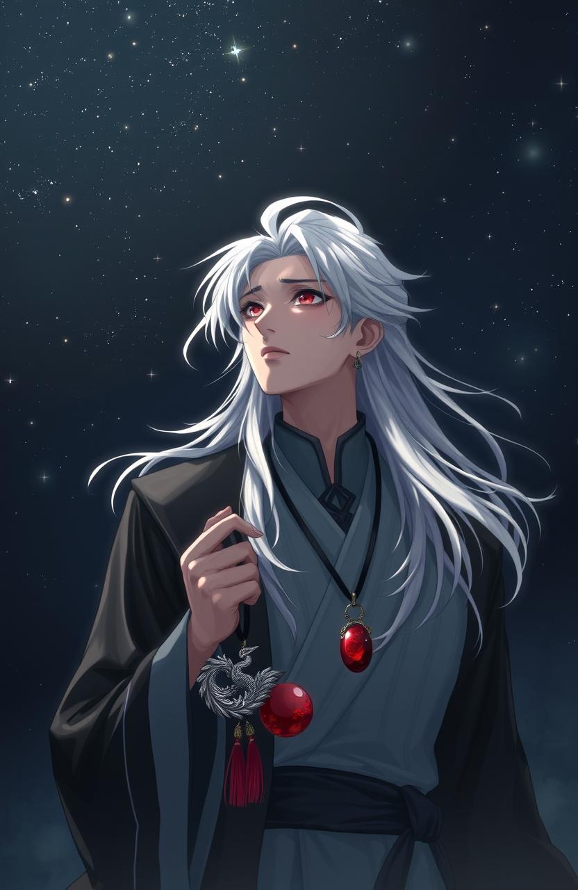 A young man with long white hair and striking scarlet eyes, reminiscent of Xie Liang, stands under a dark, starry night sky