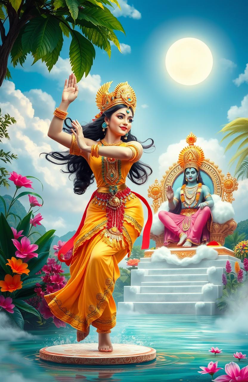 A stunning scene of an enchanting apsara, a celestial dancer, gracefully performing a mesmerizing dance in a lush paradise