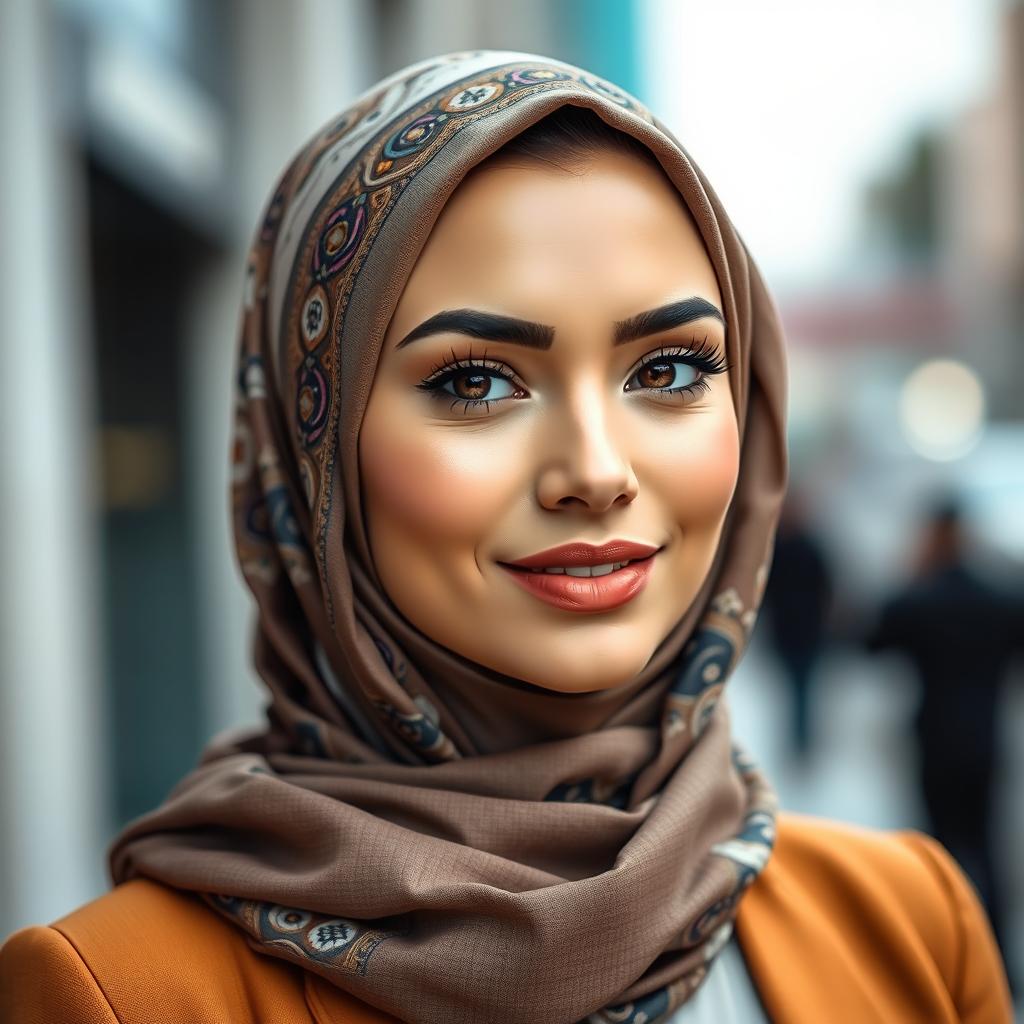 A gorgeous woman wearing a stylish hijab that beautifully complements her outfit