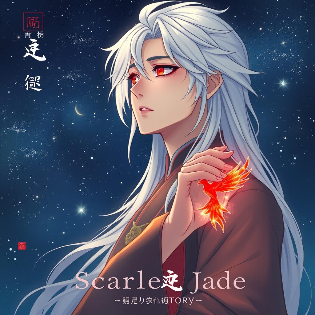 On a starry night, a young man with long, flowing white hair and striking scarlet eyes gazes sadly at the starry sky