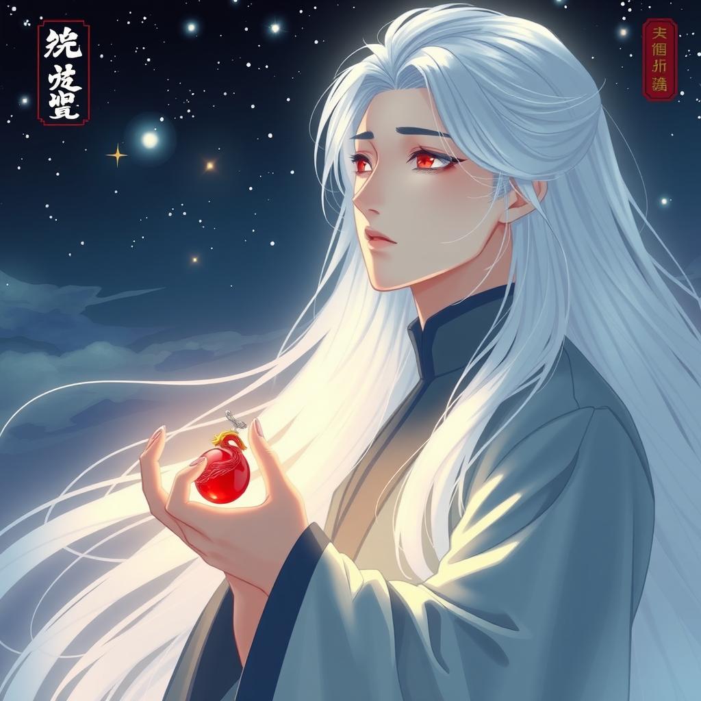 On a tranquil night, a young man with long, silken white hair and deep scarlet eyes gazes sorrowfully at the twinkling stars above