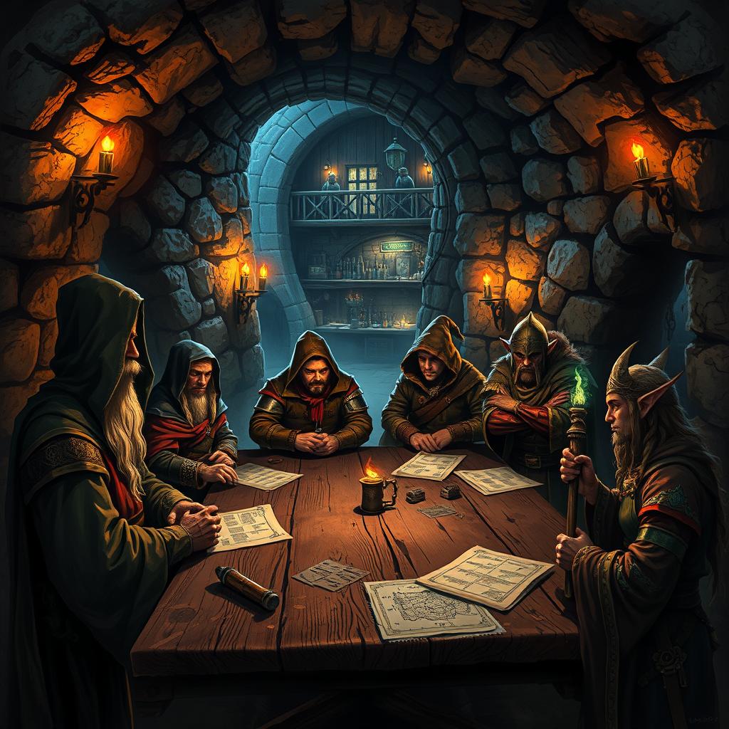 A mysterious dungeon located beneath an old, rustic inn, filled with medieval fantasy elements