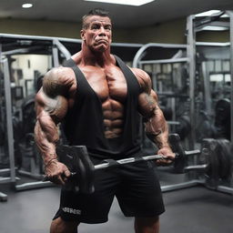 Rich Piana, a well-known bodybuilder, striking a powerful pose surrounded by gym equipment