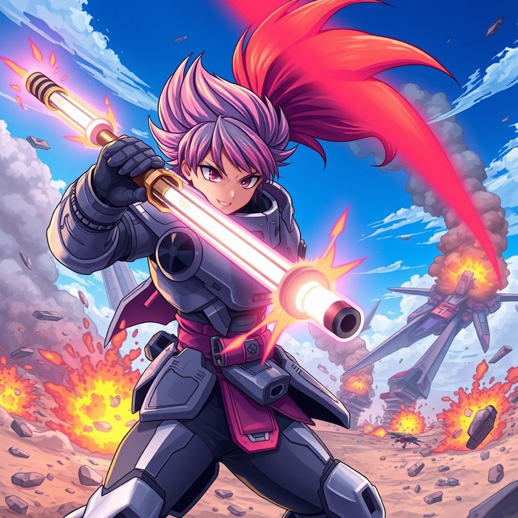 A dynamic and colorful illustration of an anime-style soldier, wearing futuristic armor, wielding a glowing energy weapon