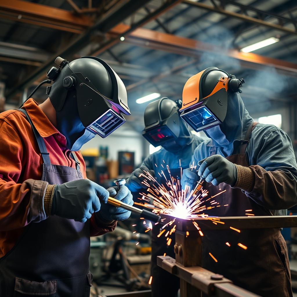 A close-up view of skilled welders at work, showcasing a vibrant industrial setting