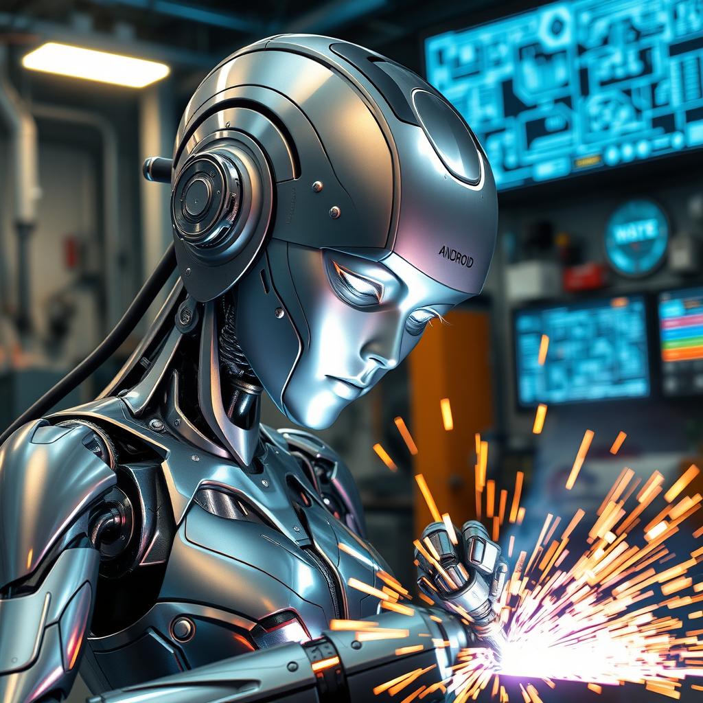 A scene depicting an intense welding operation featuring android (female robot) 18, showcasing her sleek metallic design and intricate features, while she skillfully uses a welding torch