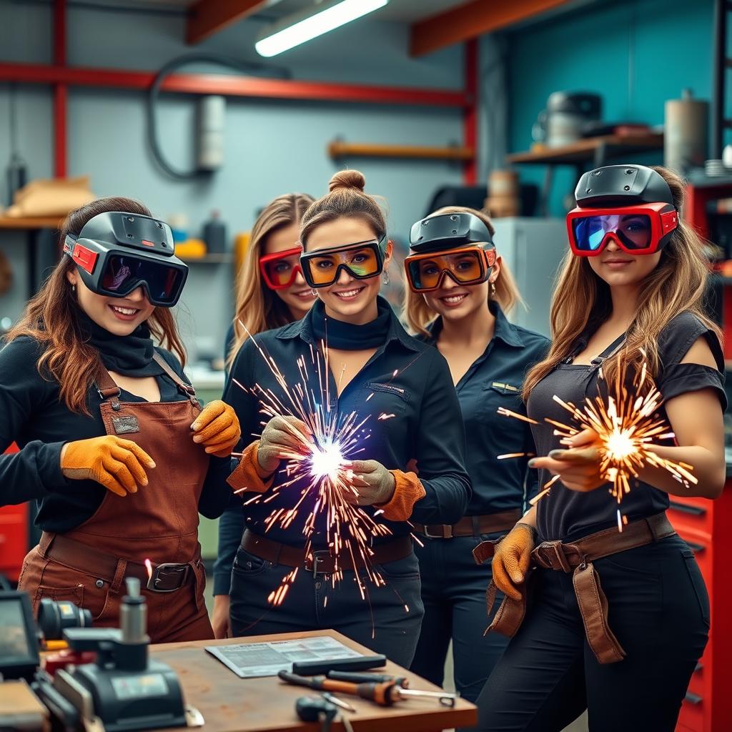 A group of attractive female welders in a vibrant workshop, confidently wearing stylish protective gear and safety goggles, showcasing their welding skills while sparks fly around them