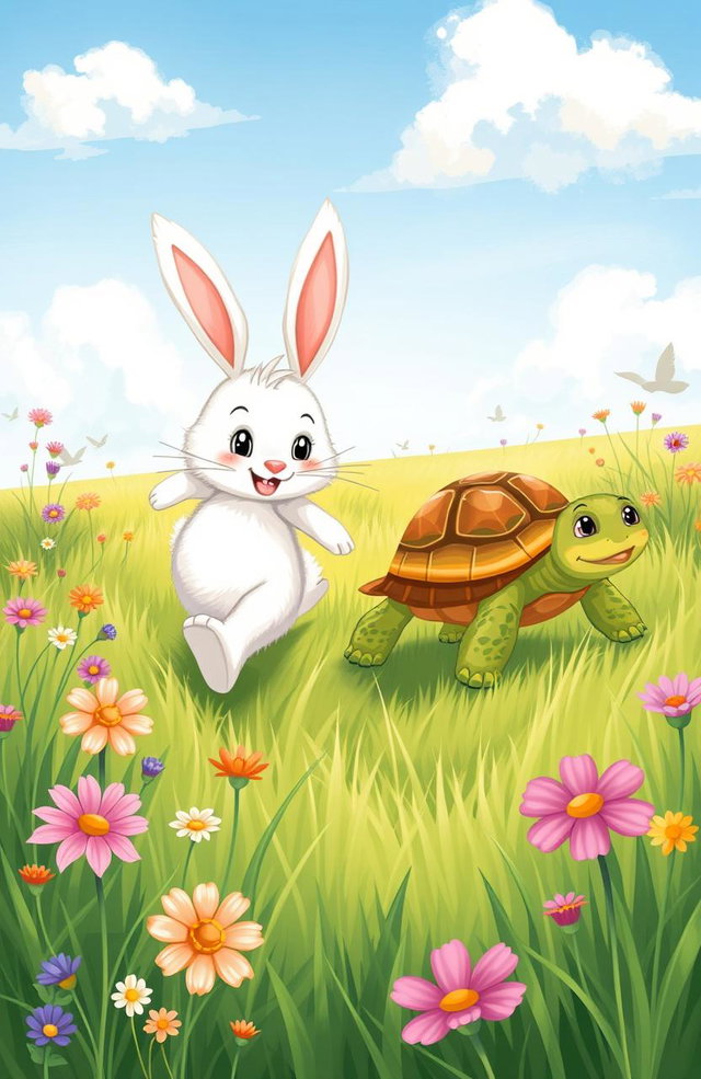 A charming and whimsical illustration of a rabbit and a turtle having a friendly race in a lush green meadow